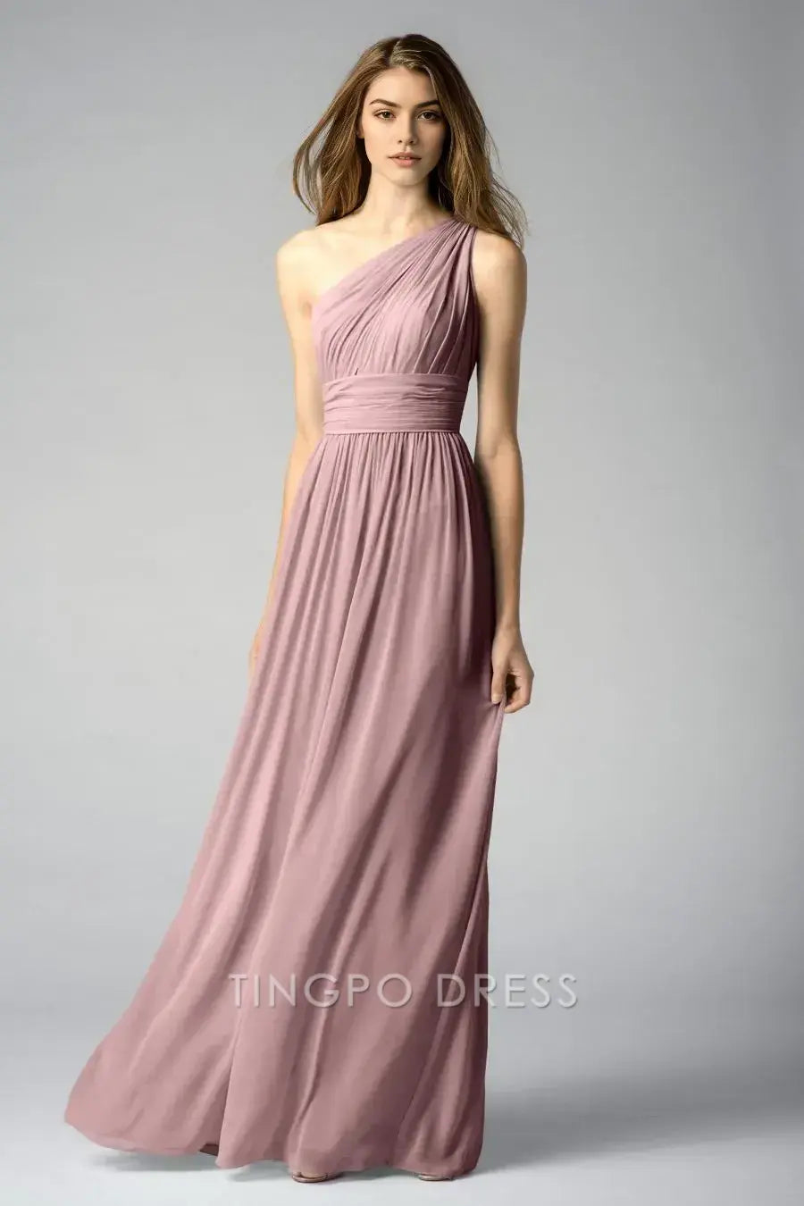 TingPo Wholesale Elegant Lilac One - Shoulder Dress - Ruched Waist Chiffon Maxi Evening Gown